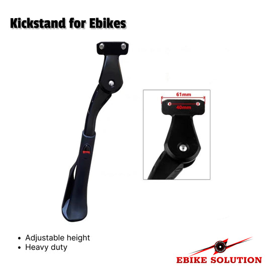 Kickstand for Ebikes with adjustable height and heavy duty features, branded as E bike Solution.