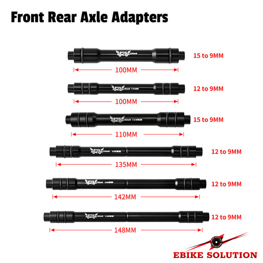 Set of front rear axle adapters with measurements on a white background
