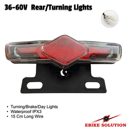 Red rear/turning light with mounting bracket and wiring diagram on a white background, branded 'Ebike Solution'.