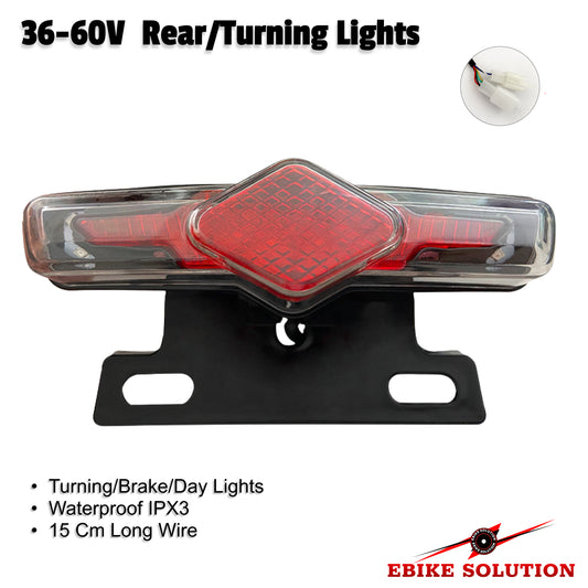 Red rear/turning light with mounting bracket and wiring diagram on a white background, branded 'Ebike Solution'.