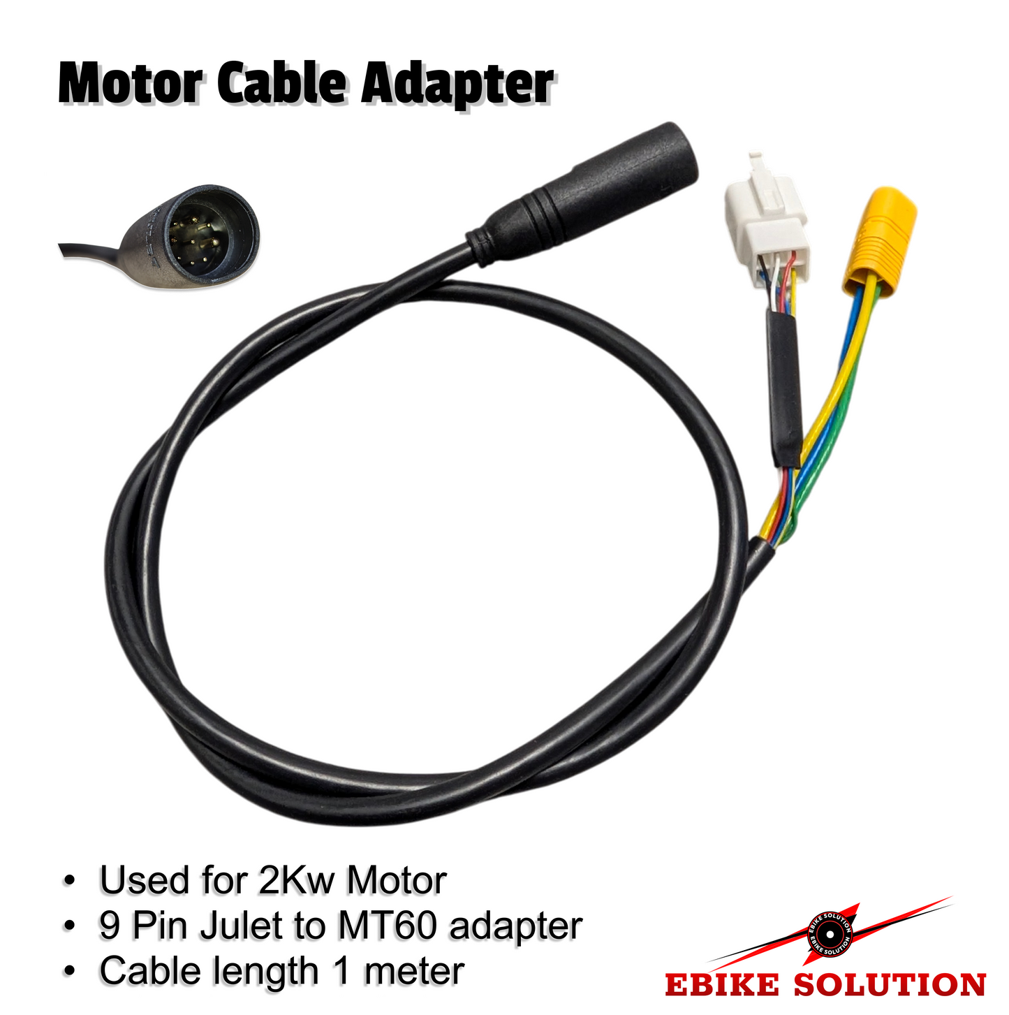 E-Bike Motor Extension Cable Waterproof 9 Pin 2000W Julet to MT60
