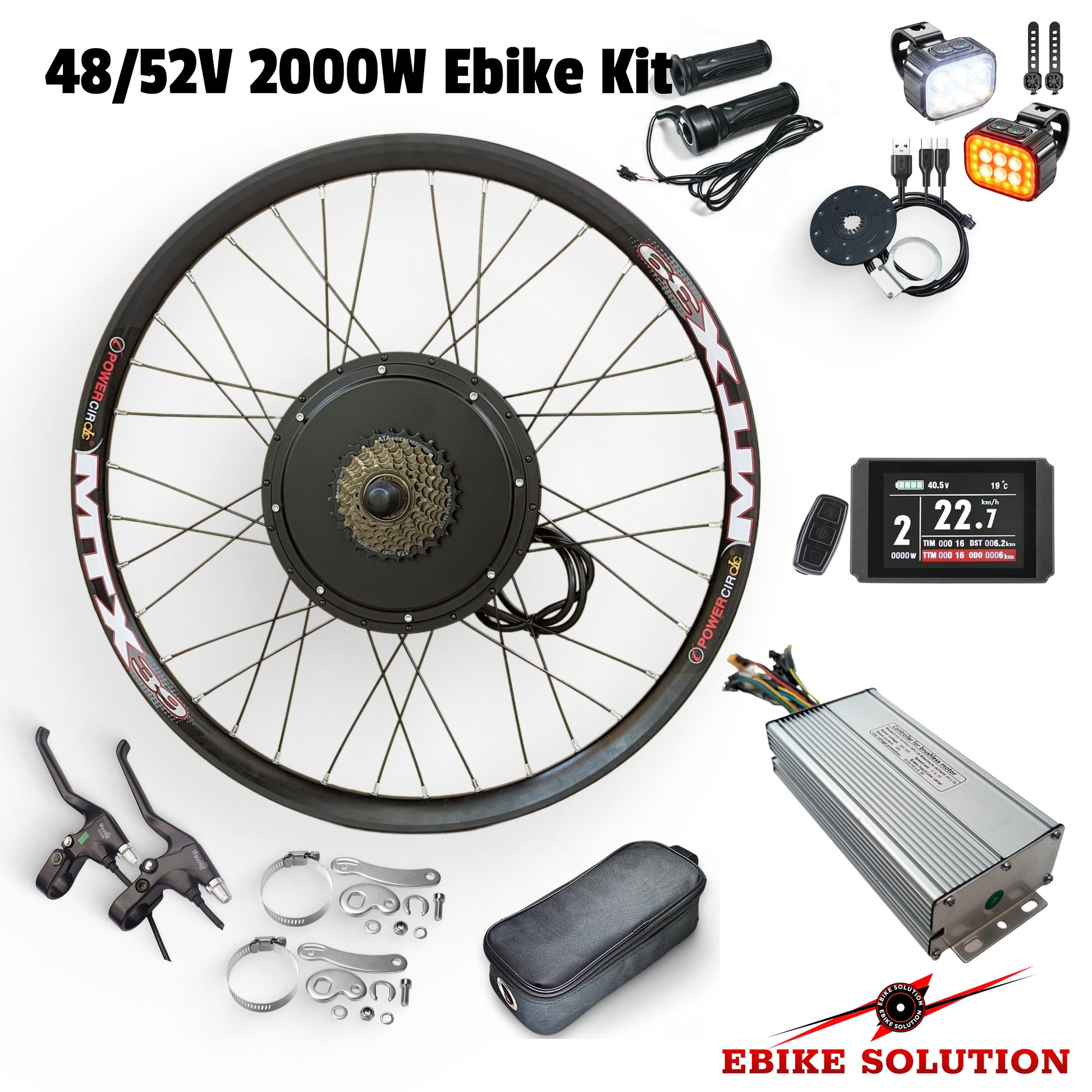 48/52V 2000W Ebike Kit with electric bike wheel, battery, controller, and accessories on a white background.