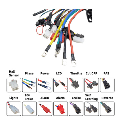 Wiring harness with color-coded connectors and labels on a white background