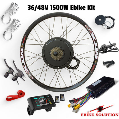36/48V 1500W Ebike Kit with wheel, controller, and components on a white background