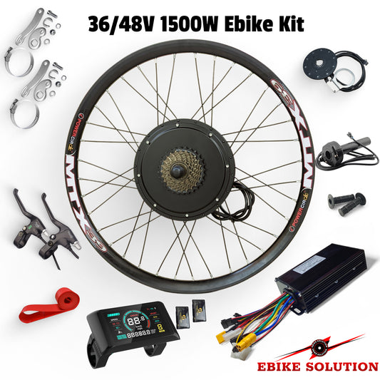 36/48V 1500W Ebike Kit with wheel, controller, and components on a white background