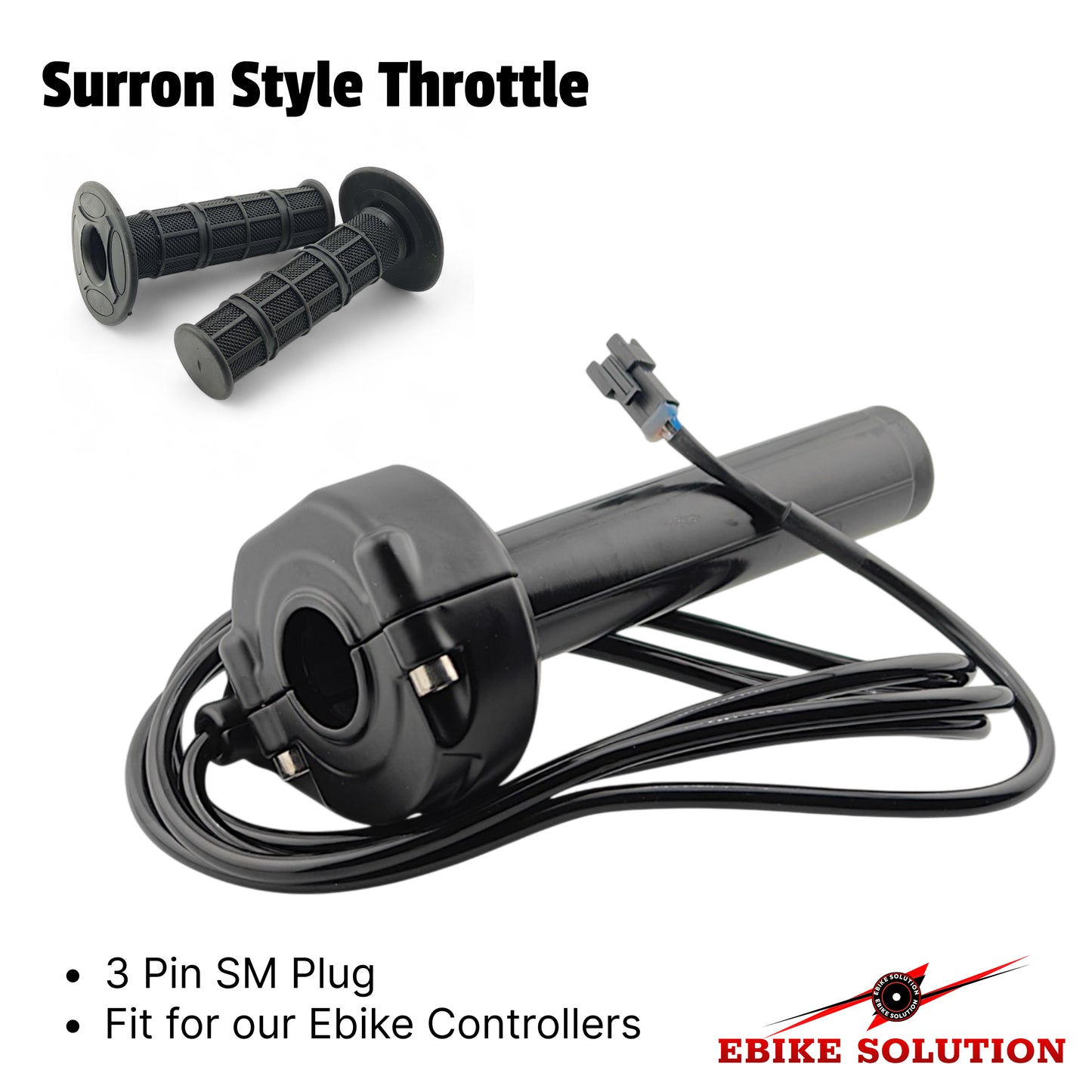 Surron style throttle with 3 pin SM plug on a white background, featuring EBIKE SOLUTION branding.