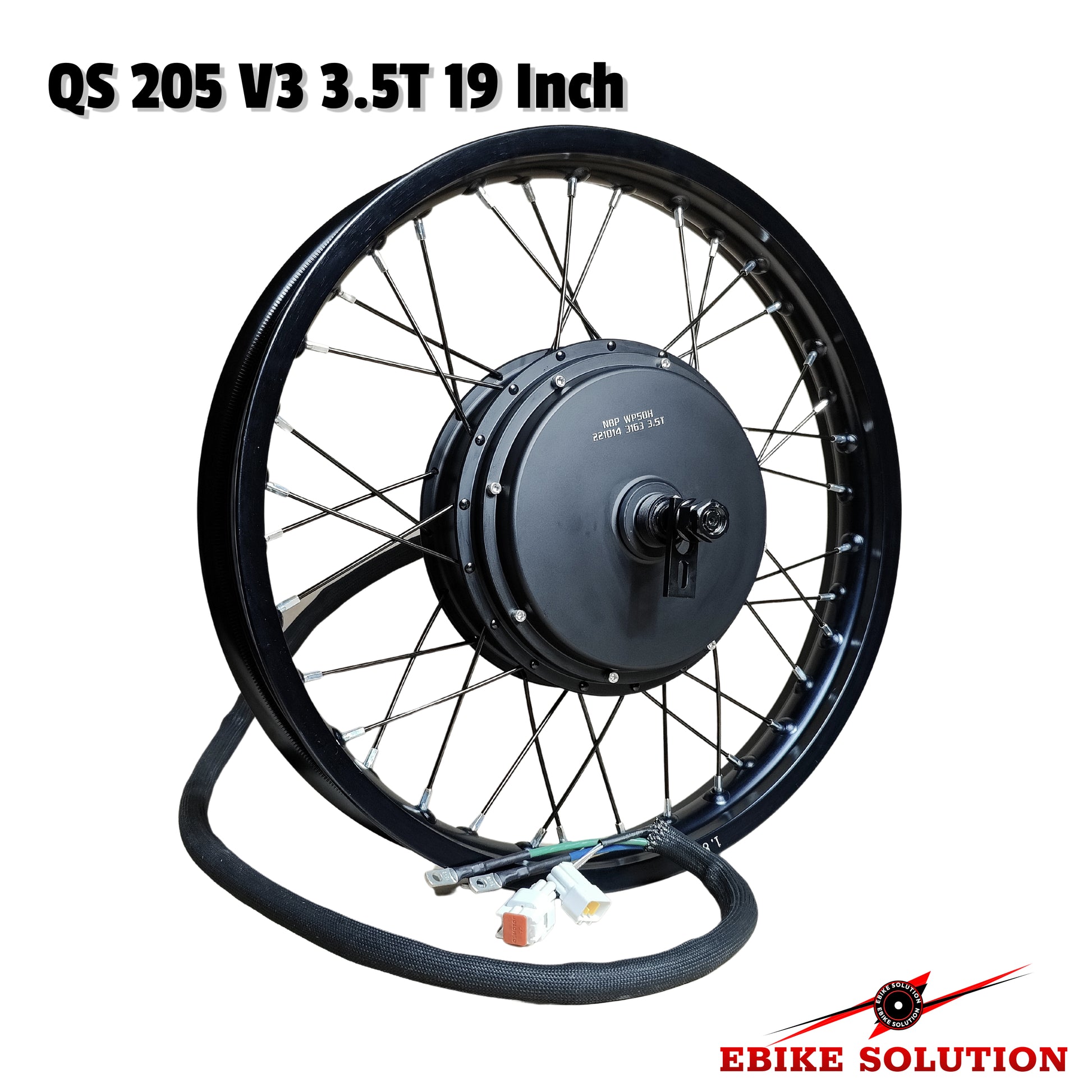 Electric bike wheel with motor and specifications on a white background