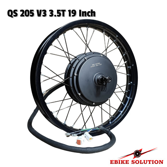 Electric bike wheel with motor and specifications on a white background