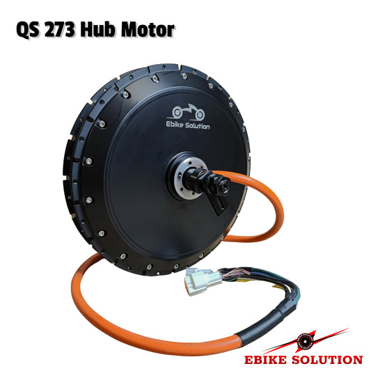 QS 273 Hub Motor with wiring on a white background, featuring the Ebike Solution logo.