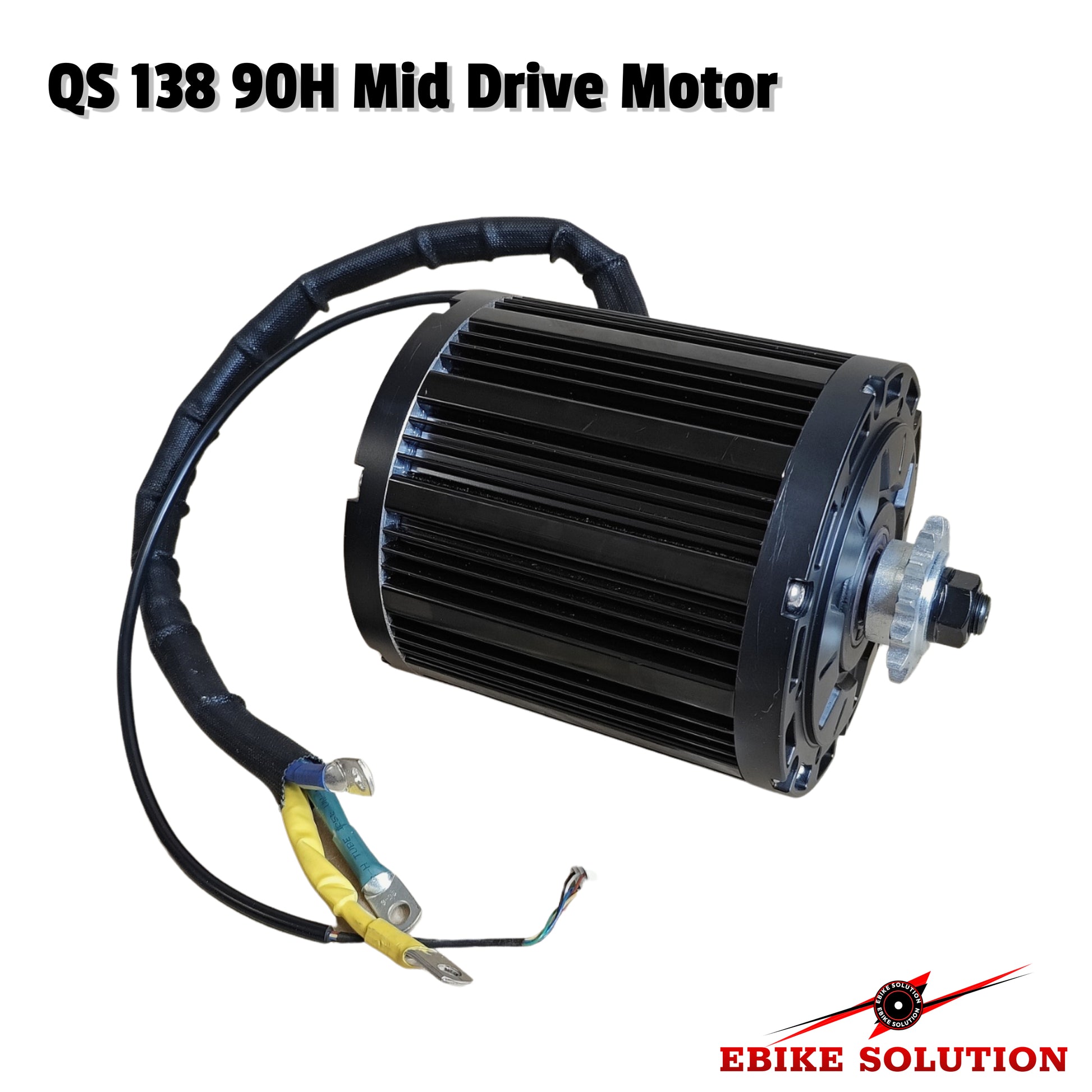 Black mid drive motor with wiring on a white background, branded 'Ebike Solution'.