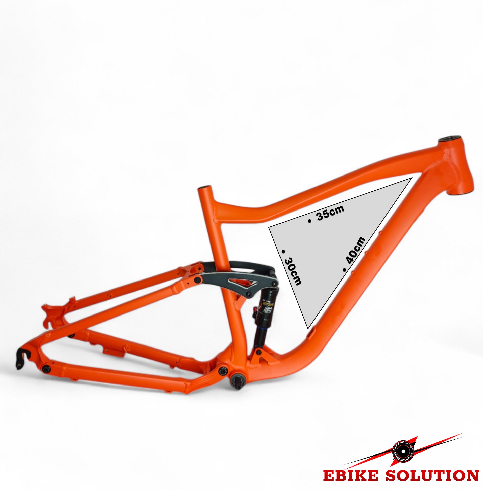 Orange electric bike frame with measurement details on a white background, featuring the 'Ebike Solution' brand.