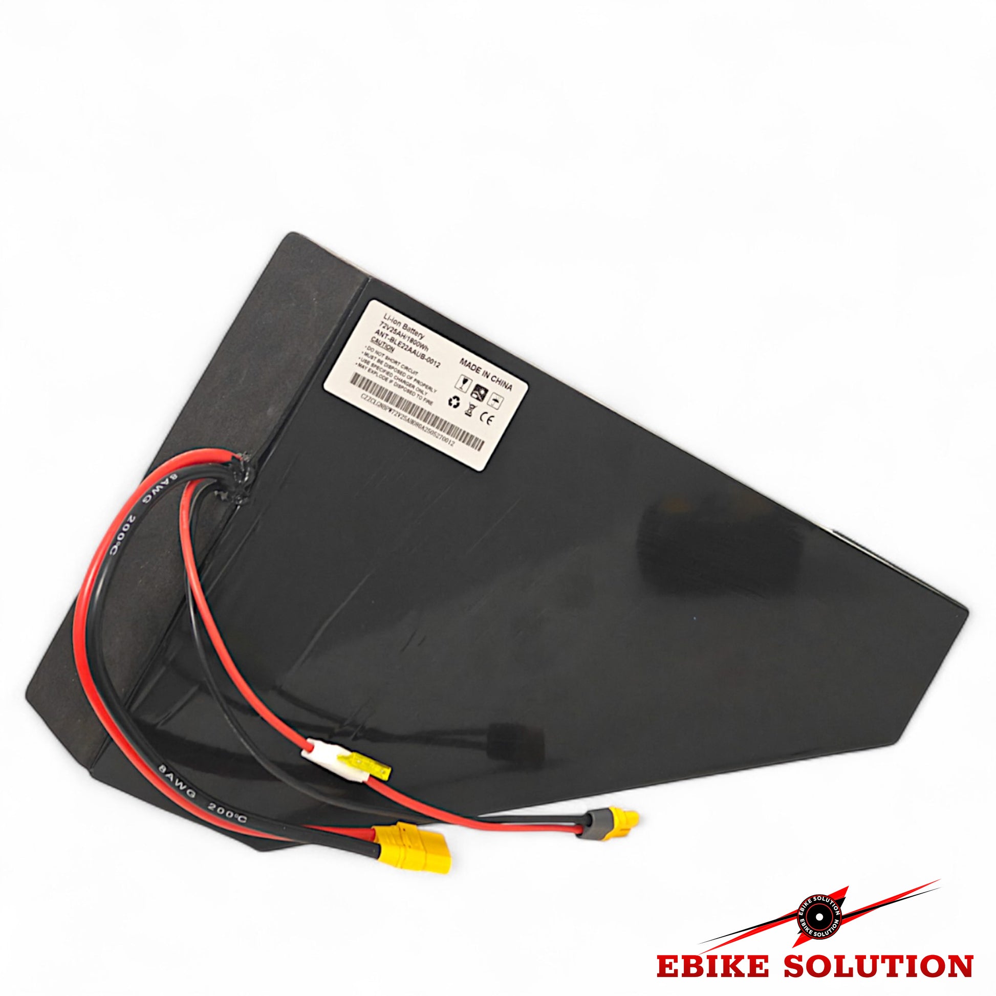 Black battery pack with red and yellow wires on a white background, featuring 'Ebike Solution' branding.