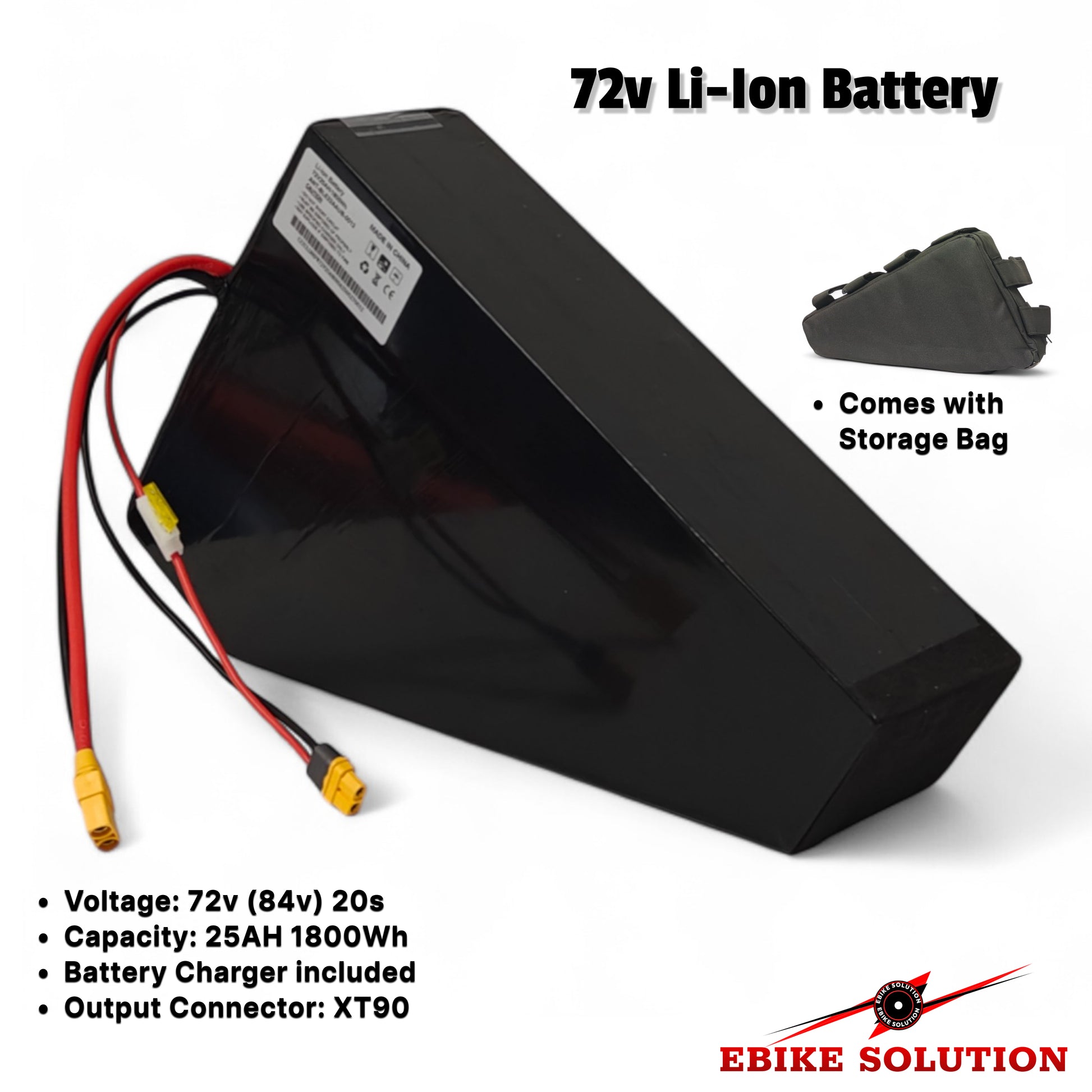 72v Li-Ion battery with charging cables on a white background, featuring EBIKE SOLUTION branding.