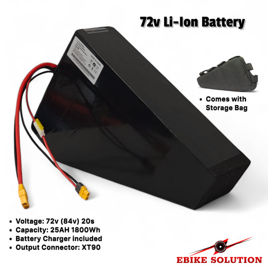 72v Li-Ion battery with charging cables on a white background, featuring EBIKE SOLUTION branding.