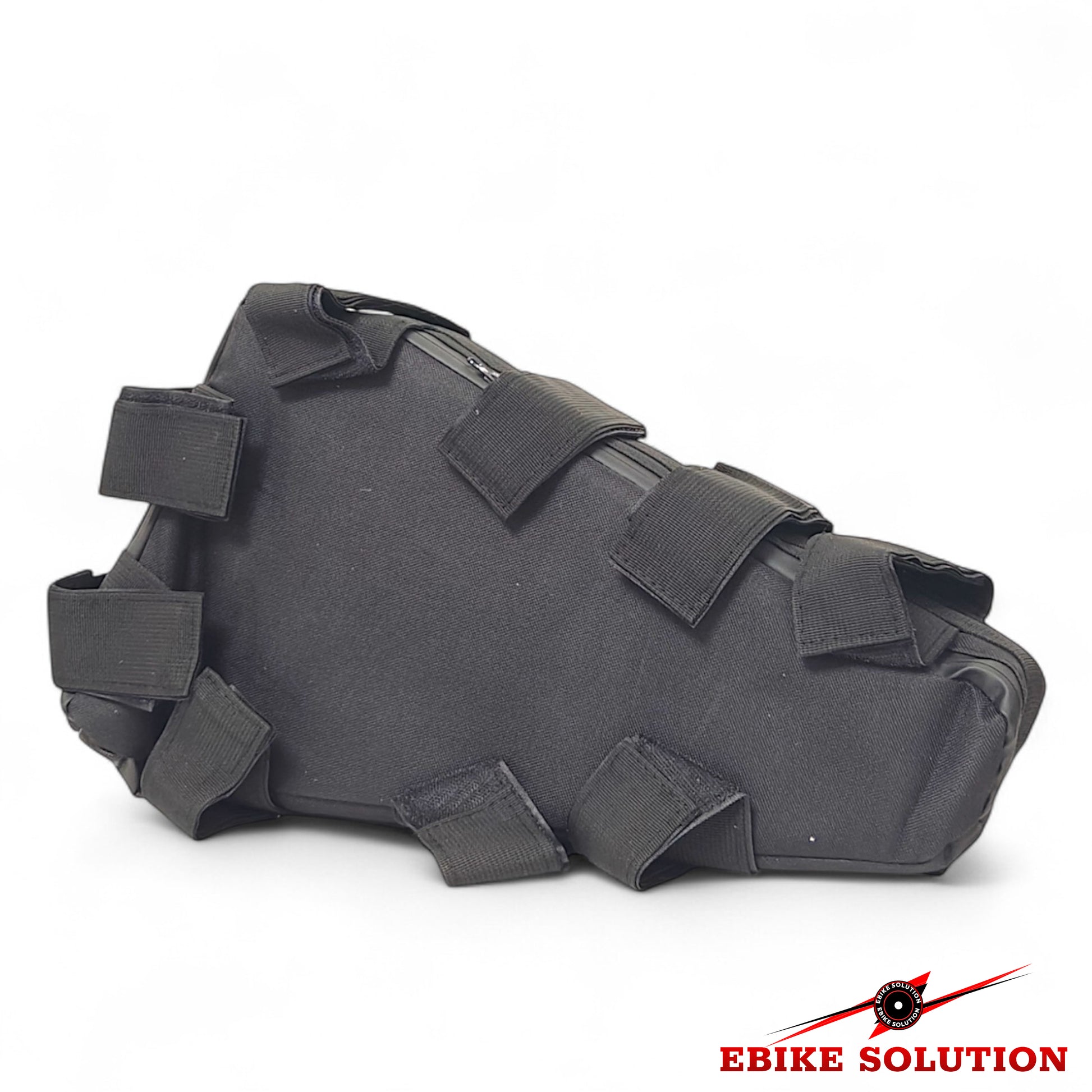 Black e-bike saddlebag on a white background with 'Ebike Solution' branding.