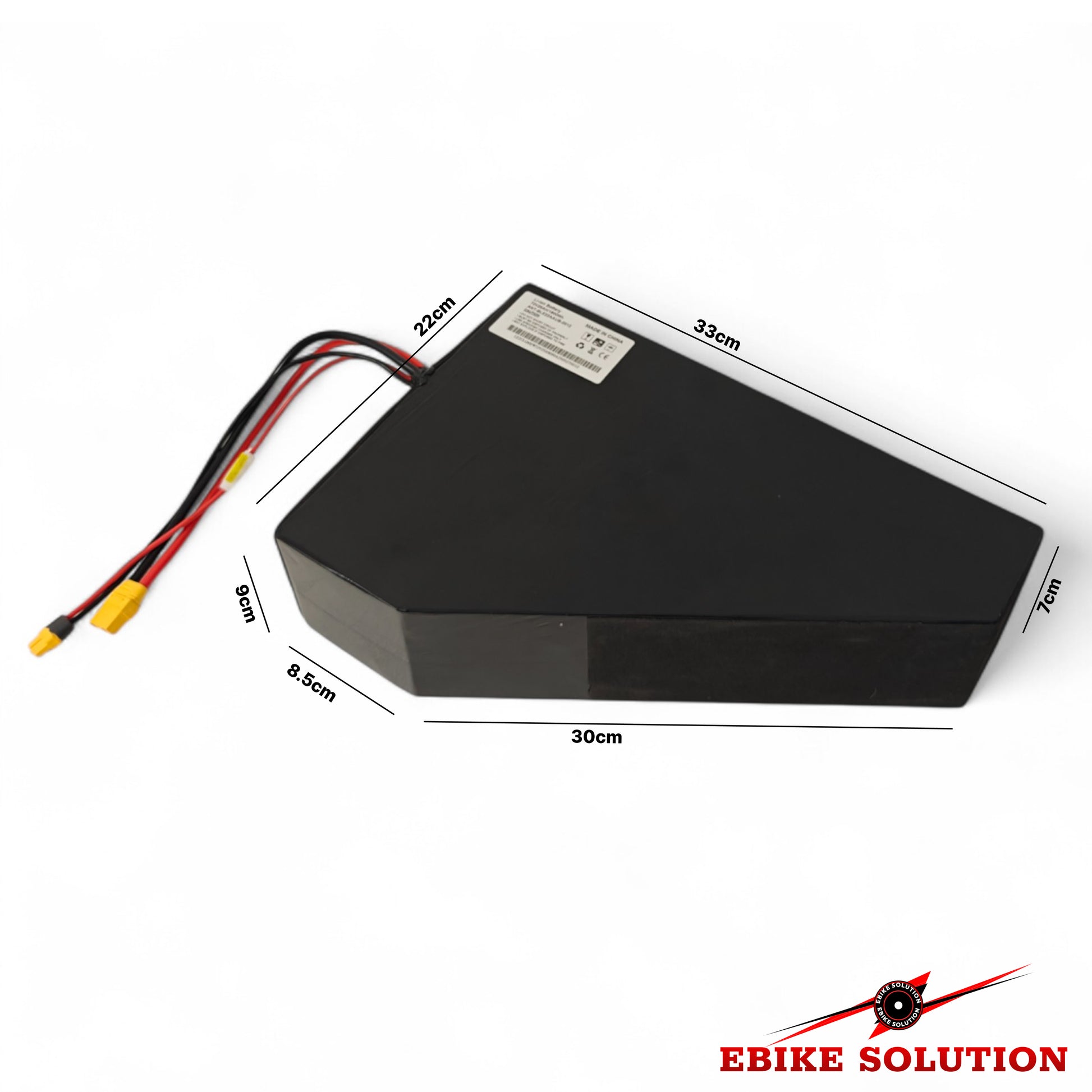 Black battery pack with dimensions labeled on a white background, featuring 'Ebike Solution' branding.