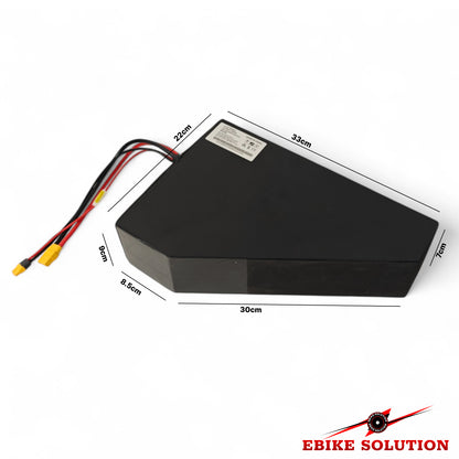 Black battery pack with dimensions labeled on a white background, featuring 'Ebike Solution' branding.