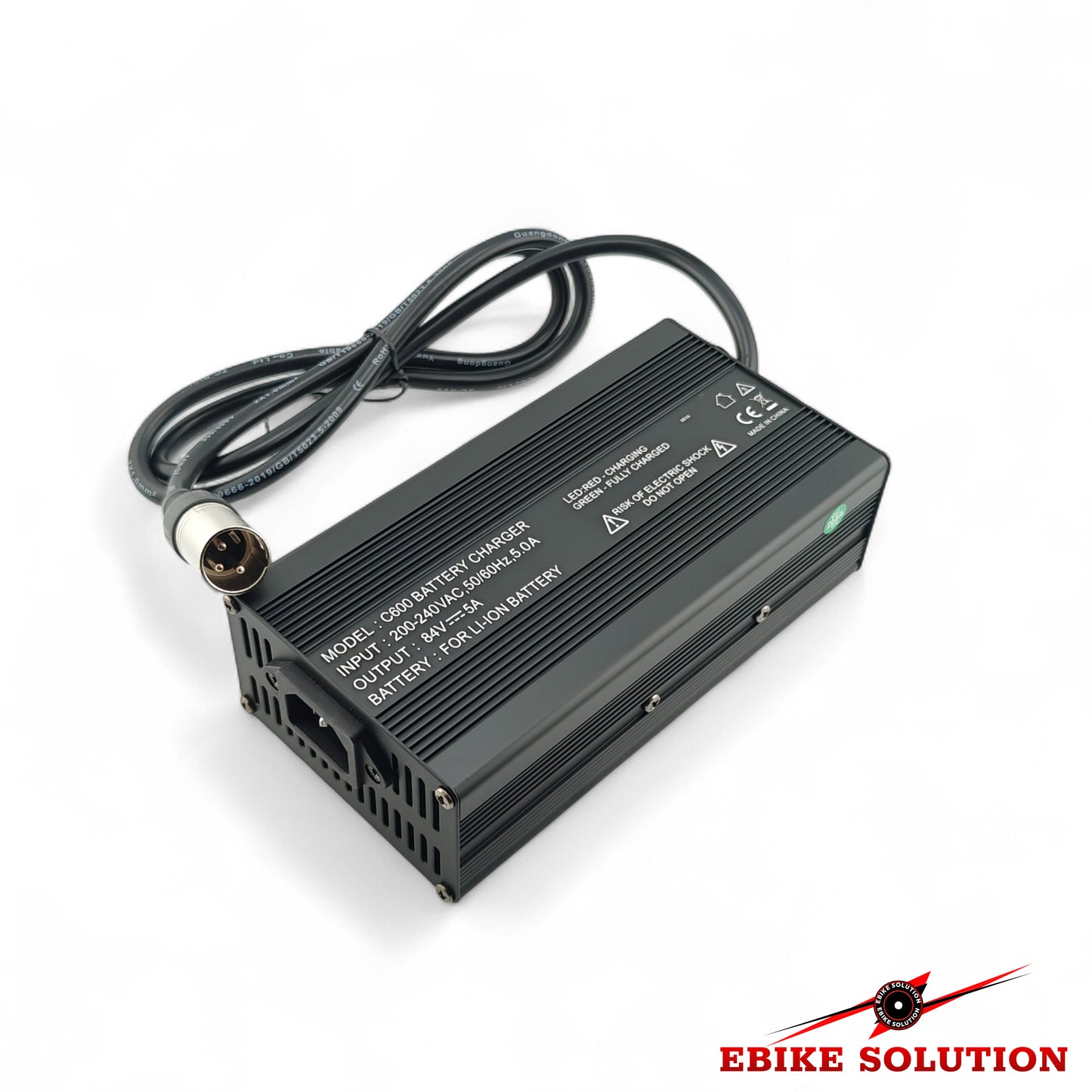 Black battery charger with cable on a white background, branded 'Ebike Solution'.