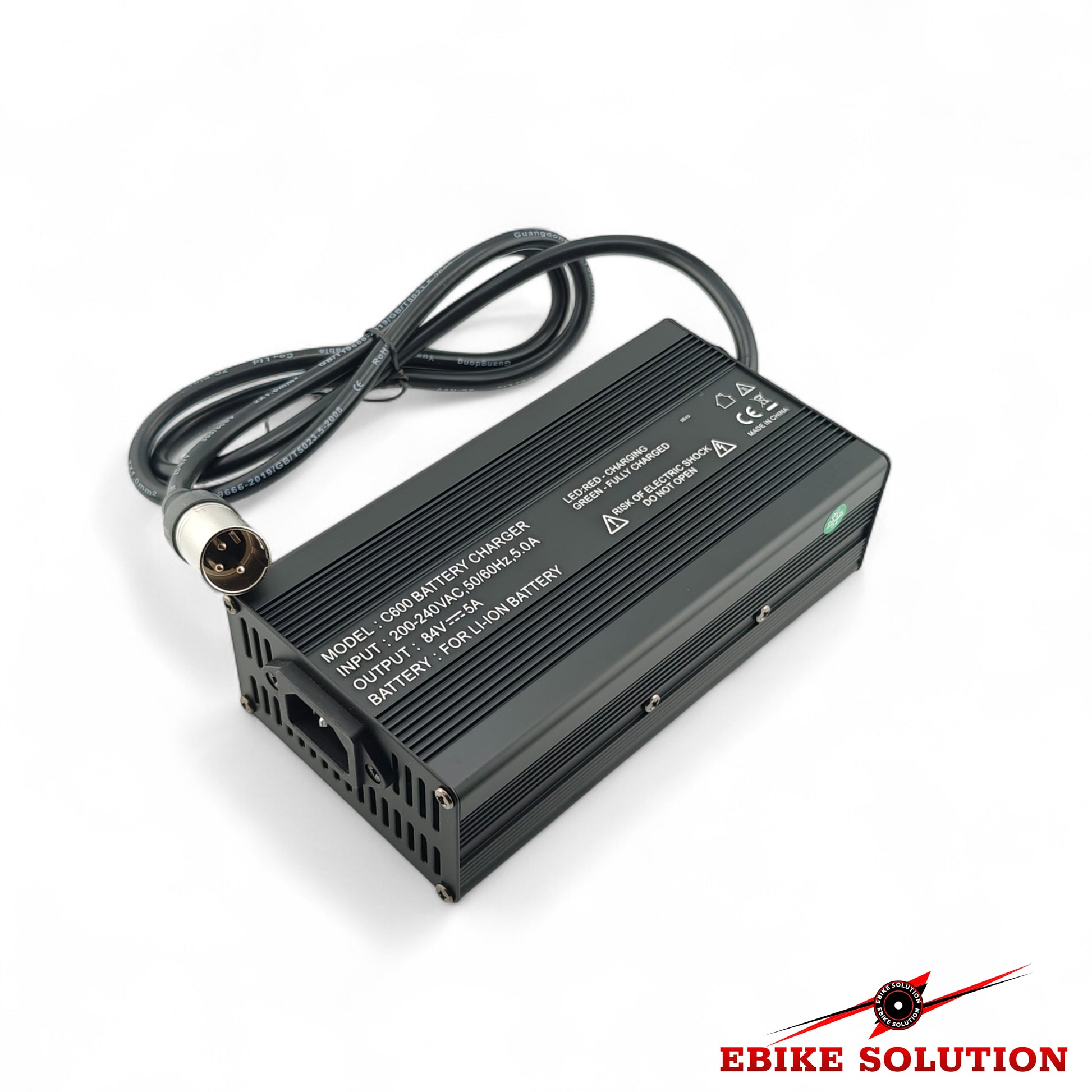 Black battery charger with cable on a white background, branded 'Ebike Solution'.