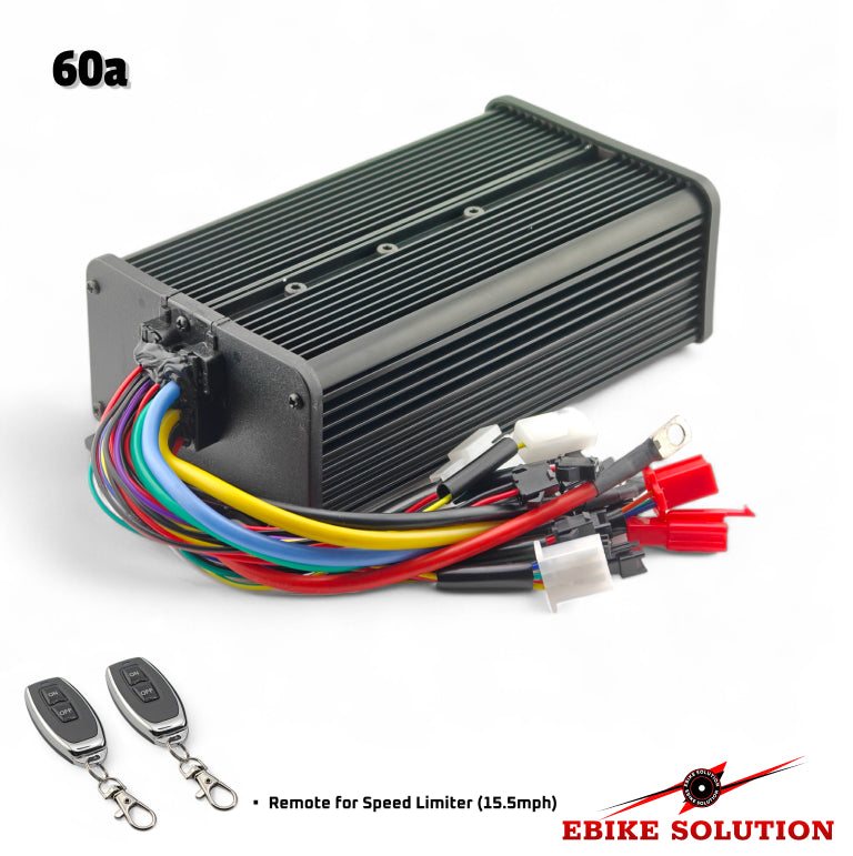 Electrical component with wiring and remote controls on a white background, branded 'Ebike Solution'.