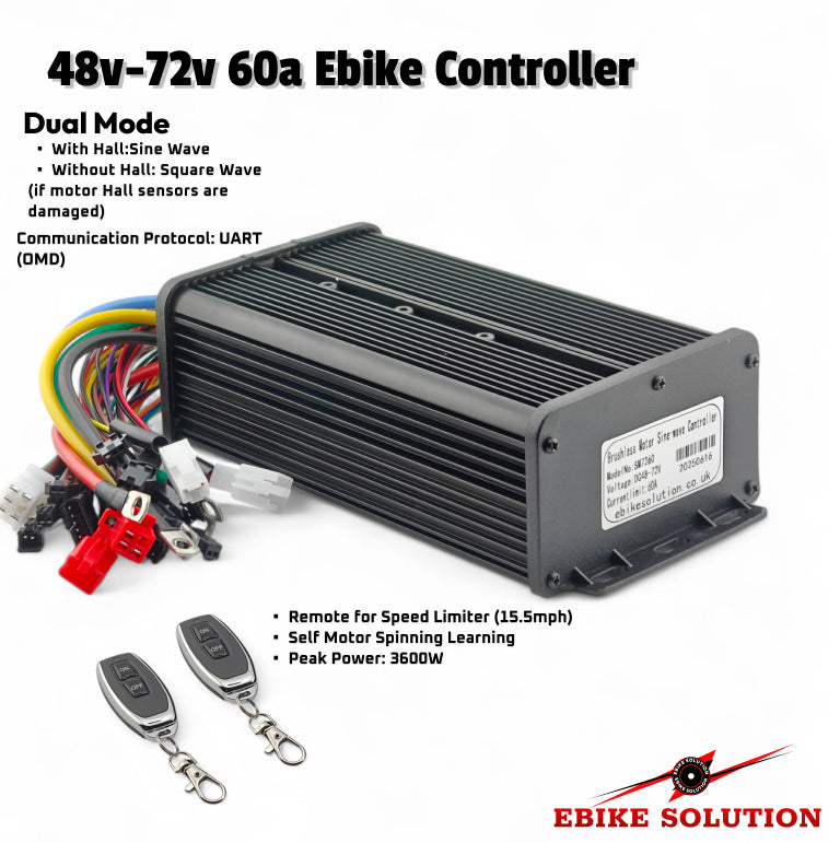 48v-72v 60a Ebike Controller with remote and wiring on a white background