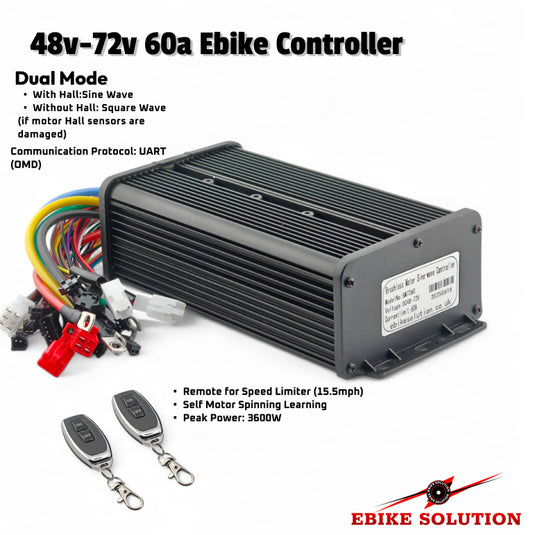 48v-72v 60a Ebike Controller with remote and wiring on a white background