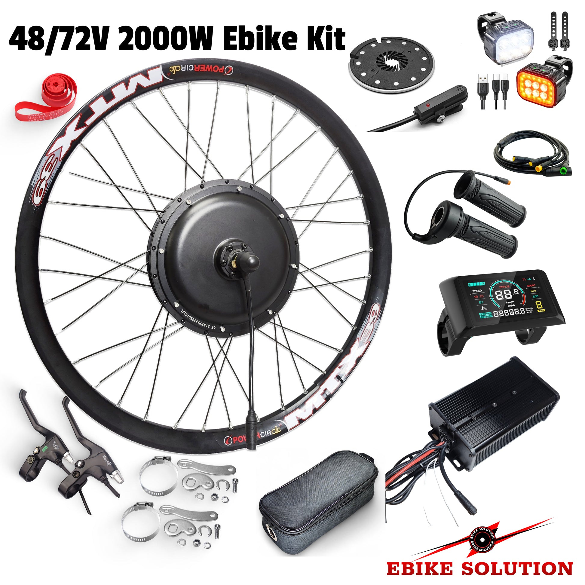 Electric bike conversion kit with wheel, controller, lights, and other components on a white background.