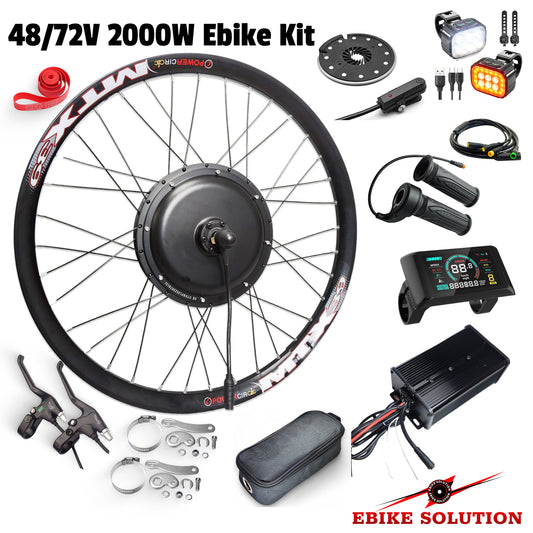Electric bike conversion kit with wheel, controller, lights, and other components on a white background.