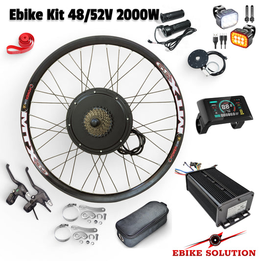 Electric bike conversion kit with wheel, controller, battery, and accessories on a white background.