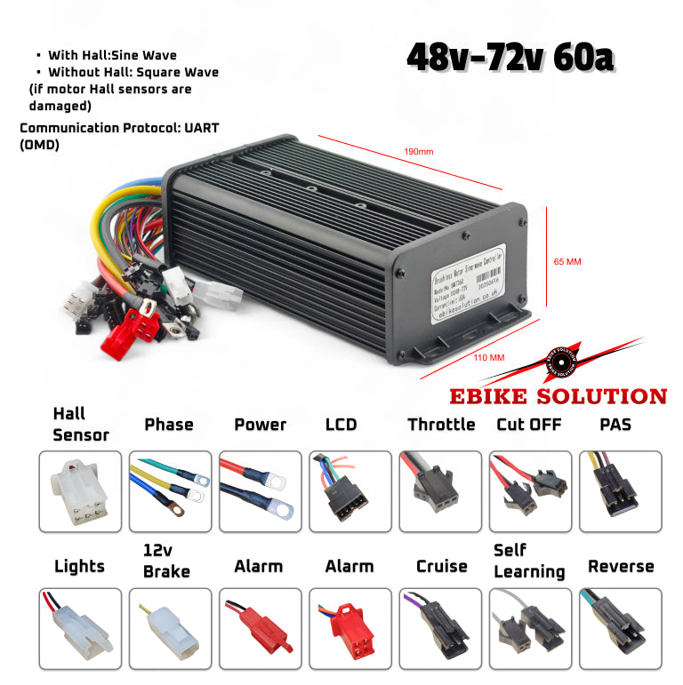 Electric bike conversion kit with connectors and specifications on a white background