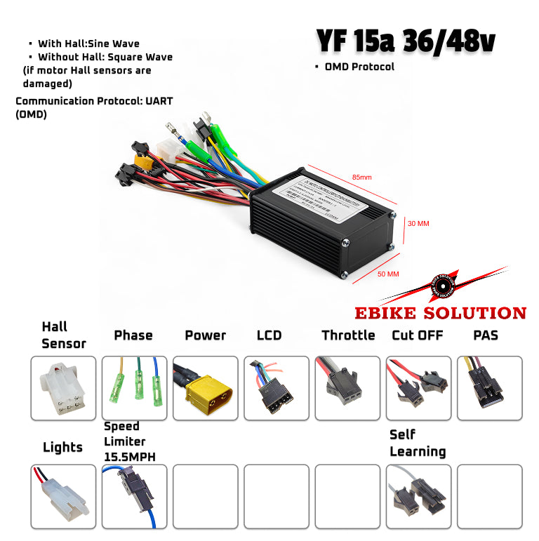 Electric bike controller with wiring diagram and feature list on a white background