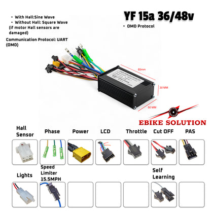 Electric bike controller with wiring diagram and feature list on a white background