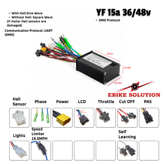 Electric bike controller with wiring diagram and feature list on a white background