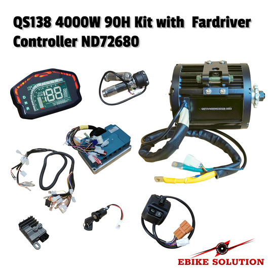 Collection of electric bike components with text 'QS138 4000W 90H Kit with Fardriver Controller ND72680' on a white background.