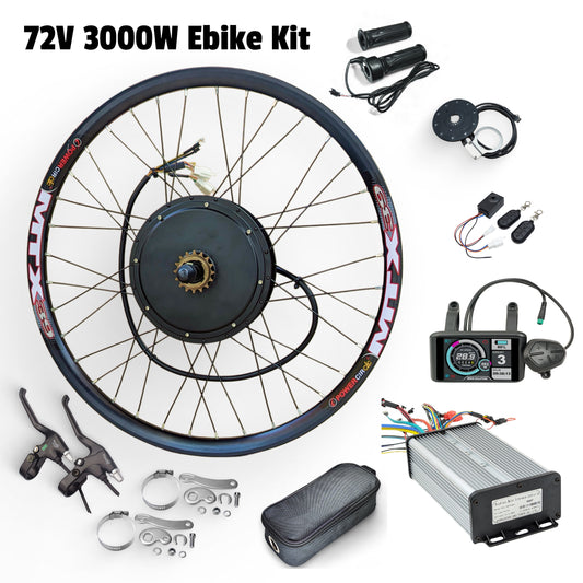 72V 3000W Ebike Kit with wheel, controller, battery, and accessories on a white background