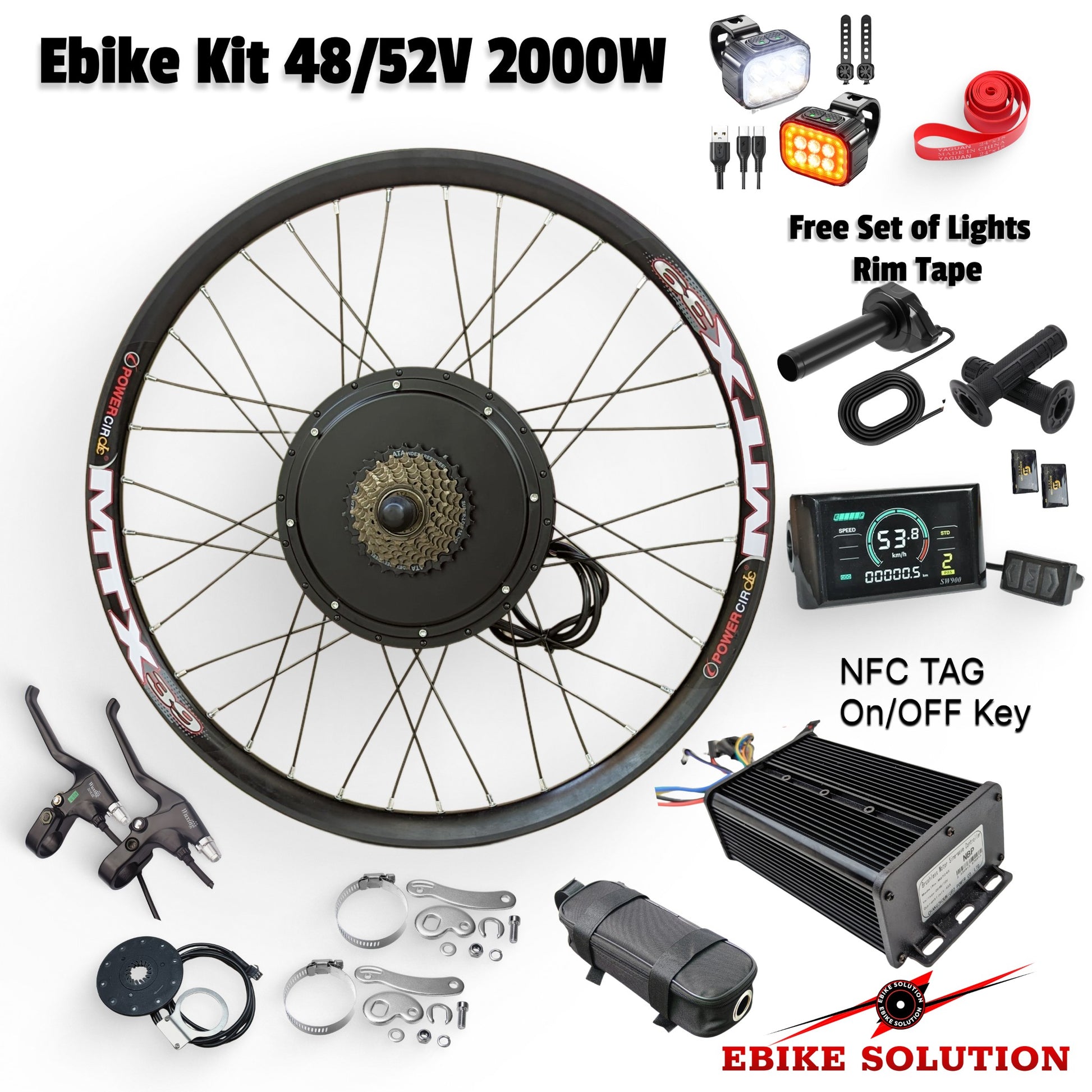 Electric bike conversion kit with wheel, controller, lights, and other components on a white background.