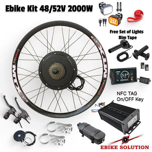 Electric bike conversion kit with wheel, controller, lights, and other components on a white background.