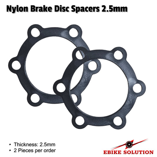 Two black nylon brake disc spacers with text indicating thickness and quantity on a white background.
