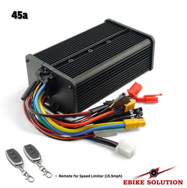 Black electronic module with colorful wires and remote controls on a white background, branded 'Ebike Solution'.