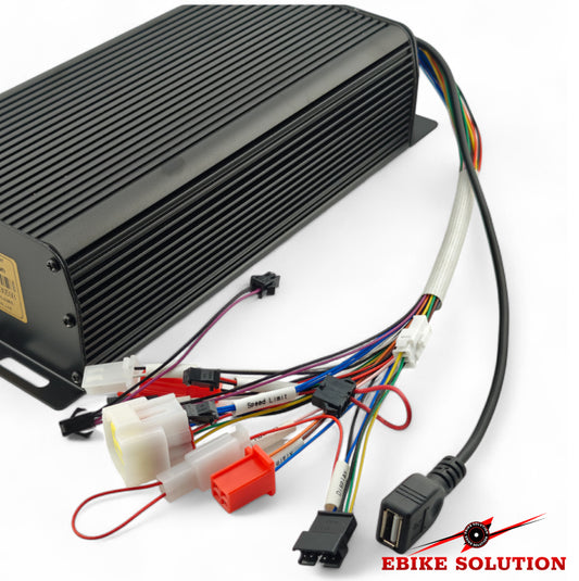 Black electronic module with wiring and connectors on a white background, branded 'Ebike Solution'.