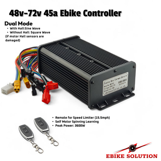 48v-72v 45a Ebike Controller with wiring harness and remote controls on a white background
