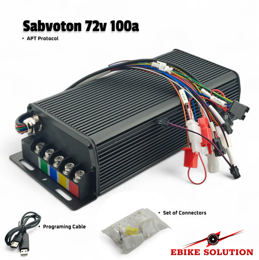 Electric bike battery management system with connectors and programming cable on a white background