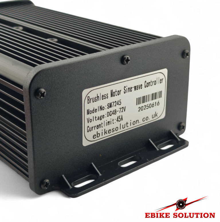 Black electronic component with a label on a white background, featuring 'Ebike Solution' branding.