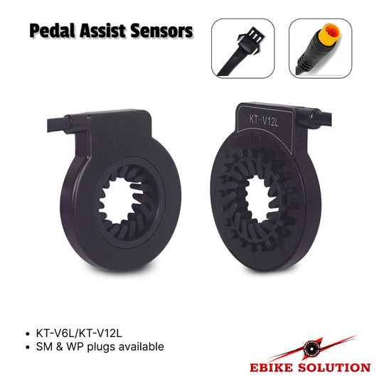 Two pedal assist sensors with additional images of plugs on a white background, branded 'Ebike Solution'.