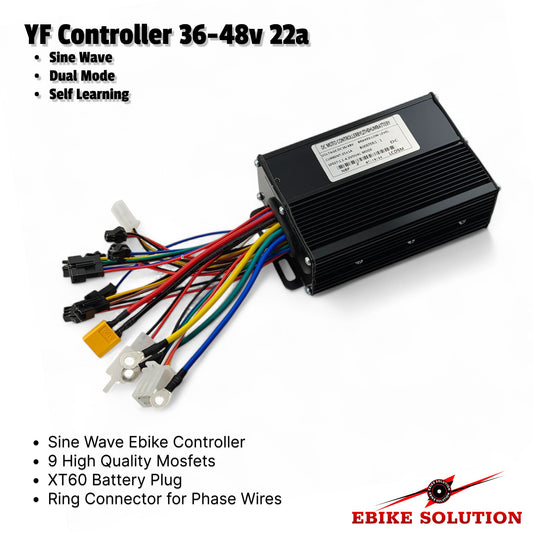 YF Controller 36-48v 22a with wiring harness on a white background, featuring EBIKE SOLUTION branding.