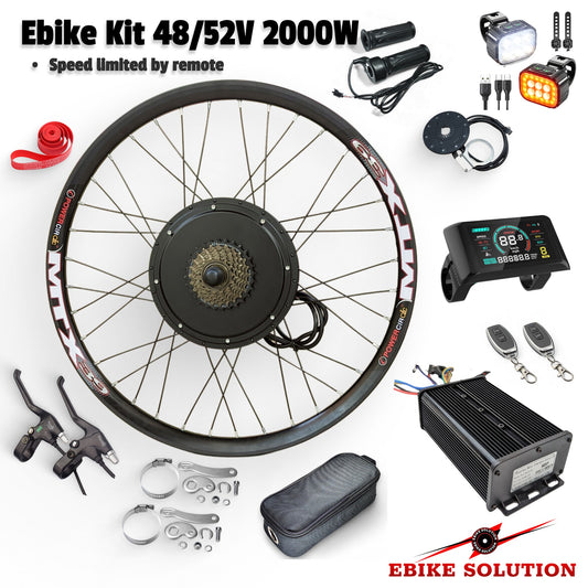 Electric bike conversion kit with wheel, controller, and accessories on a white background