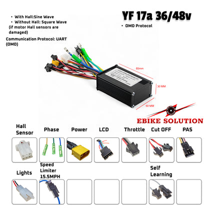 Electric bike controller with wiring diagram and features on a white background