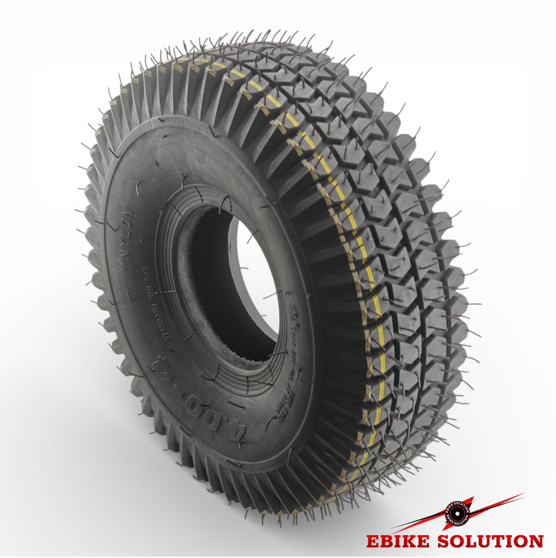 Tire with unique tread pattern on a white background, featuring 'Ebike Solution' branding.