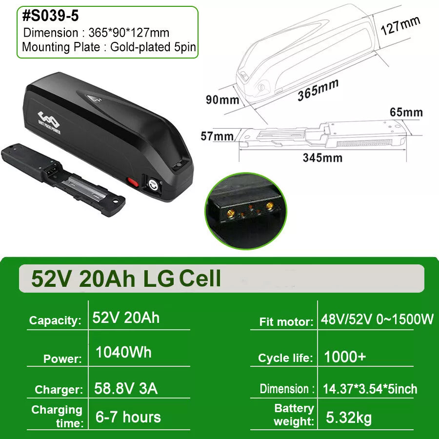 52V 20Ah 2000W Motor Hailong Li-ion Ebike Battery Electric Bike Battery LG Cells