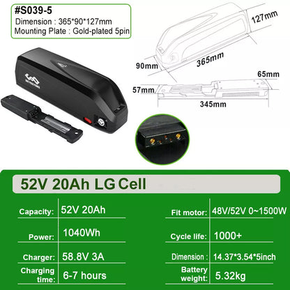 52V 20Ah 2000W Motor Hailong Li-ion Ebike Battery Electric Bike Battery LG Cells